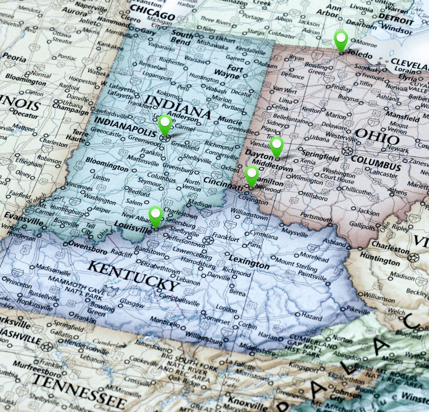 Image of a map showing Indiana, Ohio, and Kentucky with green location pins in different cities showing AirPro locations